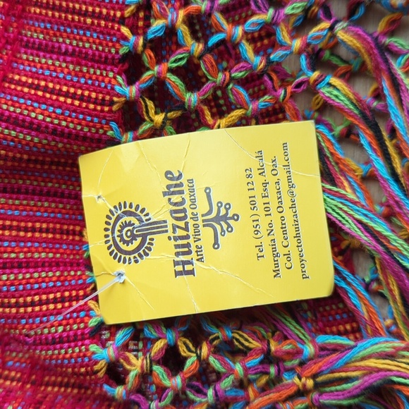 Vibrant Red Woven Shawl with Fringe Handmade In Mexico - Picture 3 of 5